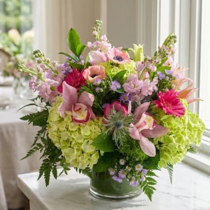 Mixed pink and green floral arrangement in a glass vase