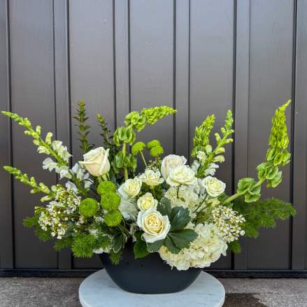 Low white and green floral arrangement with roses, hydrangeas, and bells of Ireland in a black bowl.