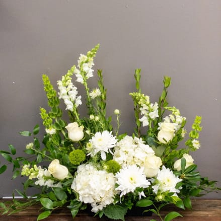 Low white and green floral arrangement with roses, hydrangeas, snapdragons, and mums in a rectangular container