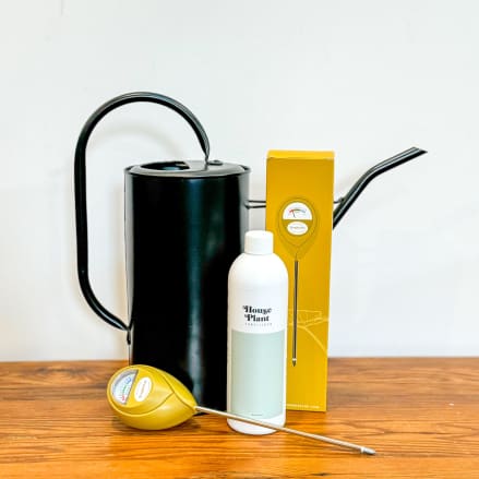 Plant care set with black watering can, white fertilizer bottle, and yellow soil moisture meter on a wood surface