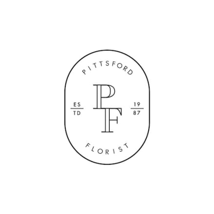 Black and white Pittsford Florist monogram logo with PF initials in an oval frame