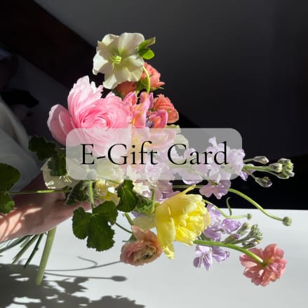 Pastel bouquet of mixed flowers with text reading “E-Gift Card” over the arrangement