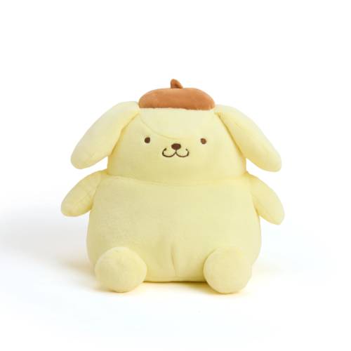 Yellow Pompompurin dog plush toy with floppy ears and a brown beret