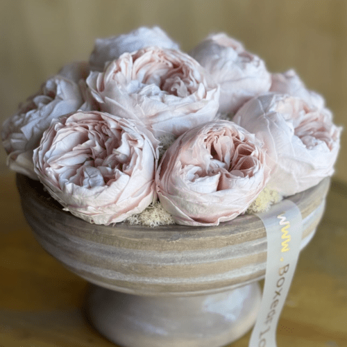 Pale pink roses arranged in a low round box