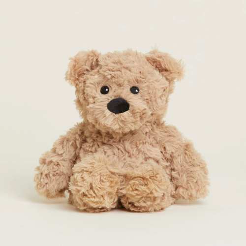 Small tan plush teddy bear sitting upright on a light background