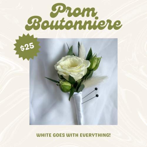 White rose boutonniere with green buds and white feathers