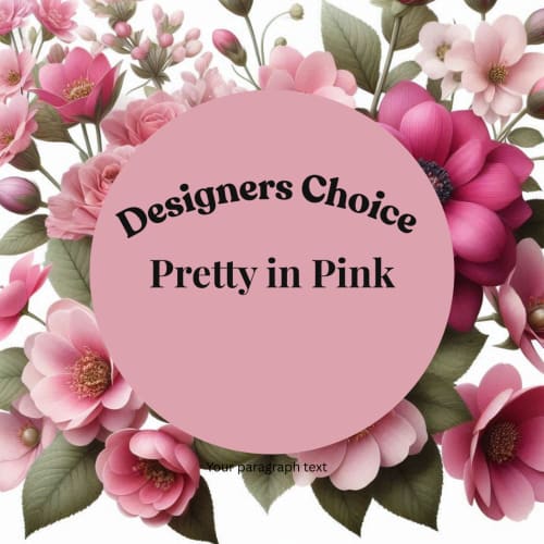 Pink floral wreath graphic with a round center label reading Pretty in Pink