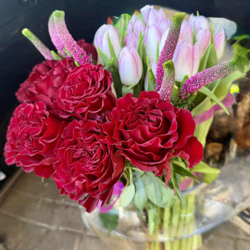 Hydrangeas , tulips ,red rose arrangement