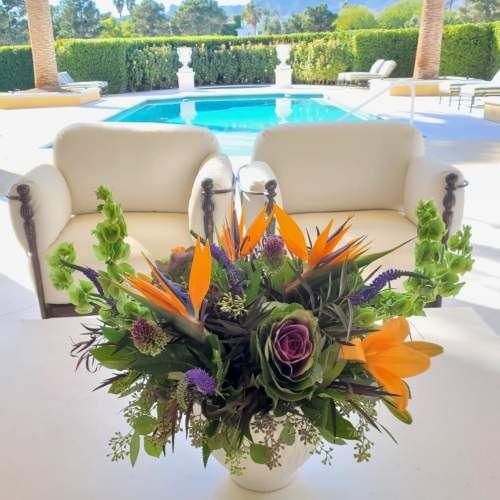 Tropical floral arrangement in a white vase with orange bird-of-paradise blooms