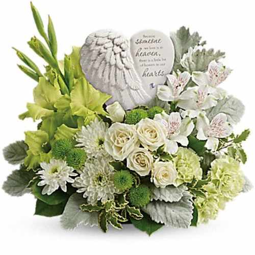 White and green sympathy arrangement with angel stones