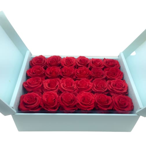 Everlasting Roses: 24 everlasting red roses in aqua wooden box