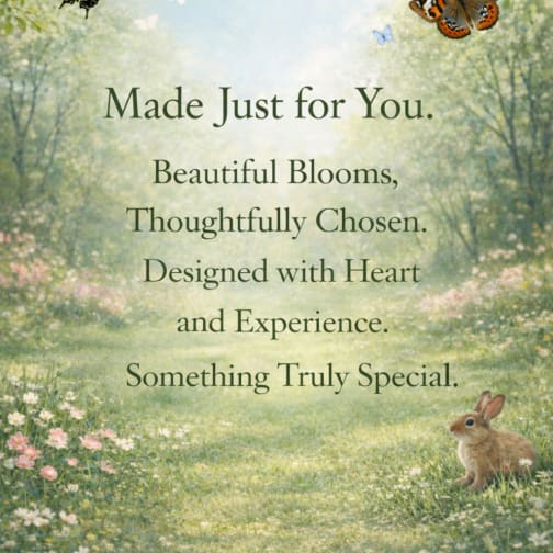 Pastel meadow scene with butterflies, a rabbit, and floral text