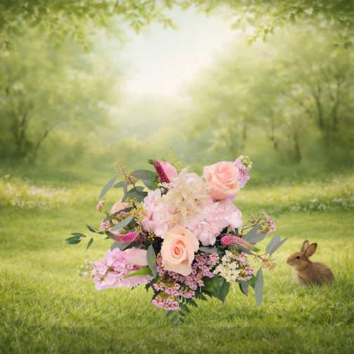 Pink and peach floral bouquet with a rabbit in a grassy field