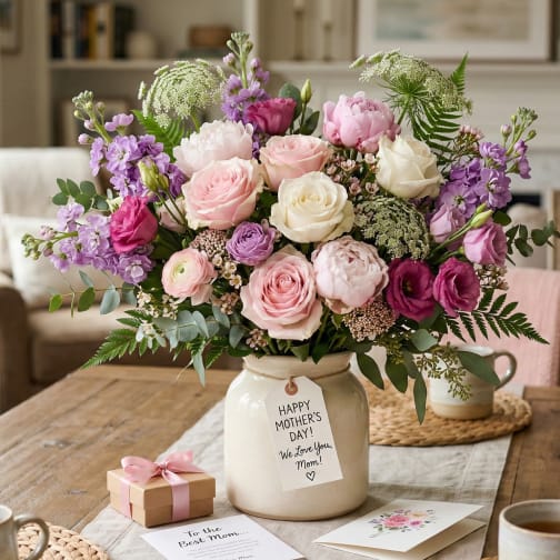Pink and purple rose bouquet in a cream vase on a table