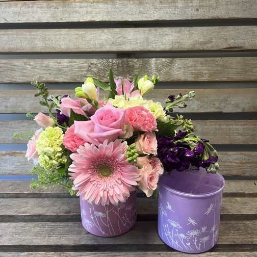 Dragonfly cylinder ( designer's choice of pastel flowers )