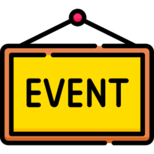 Yellow event sign hanging from a black cord