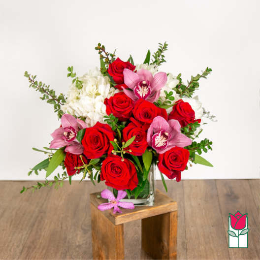 Beretania's Olivia Bouquet (Red Rose & Pink Cymbidium) [Hue Varies]