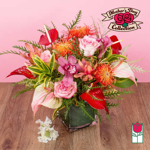 Tropical mixed bouquet with pink roses, orchids, red anthurium and protea in a square glass vase