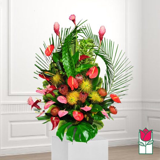 Tropical arrangement with red anthuriums and pink ginger flowers