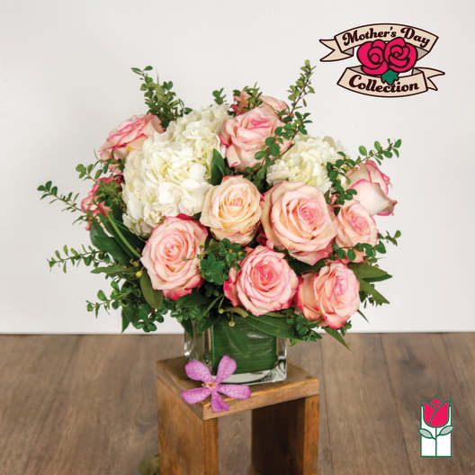Pink roses and white hydrangeas arranged in a glass vase.
