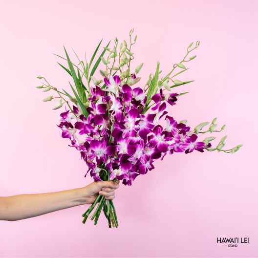 Handheld bouquet of purple and white orchids against a pink background