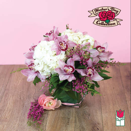 Pink orchids and white hydrangeas in a glass vase on a wooden surface
