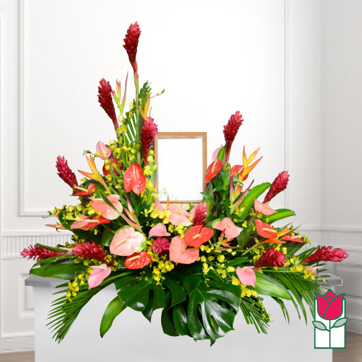 Large tropical floral arrangement with pink anthuriums and red ginger flowers