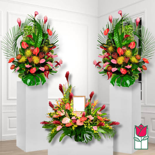 Three tropical floral arrangements with pink and red blooms on white pedestals