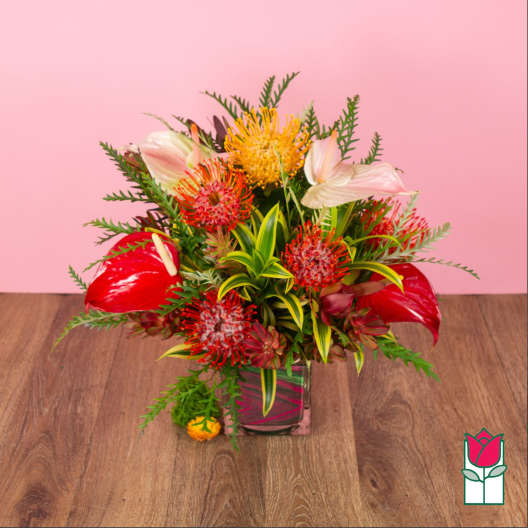 Tropical arrangement with red anthuriums and orange protea in a square glass vase on a wooden surface.