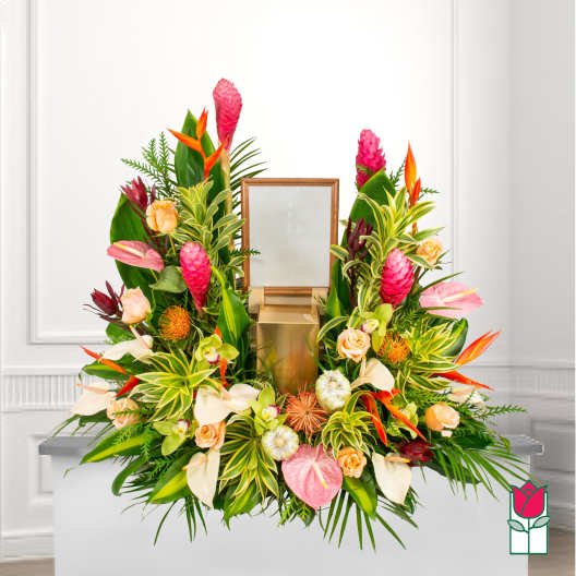 Tropical floral wreath with pink and orange blooms around a framed center
