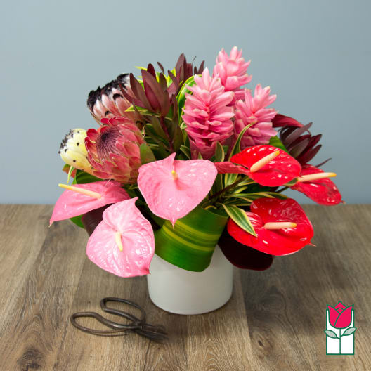 Tropical bouquet with pink anthuriums and pink protea in a white vase