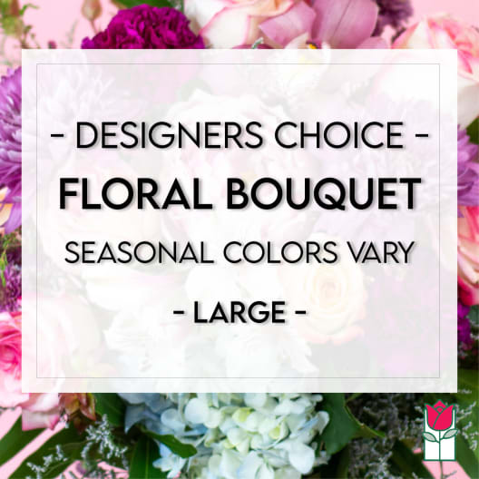Large designer's choice floral bouquet with mixed pink, white, and purple blooms