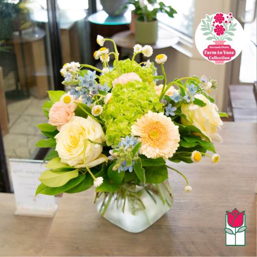 Mixed bouquet in a glass vase with green hydrangea, cream roses, and pale blue flowers