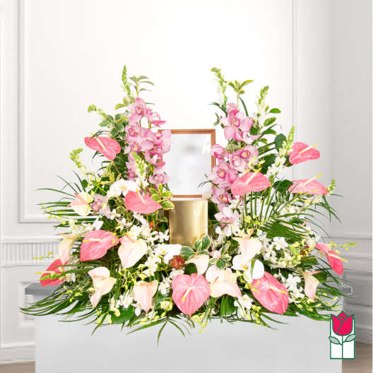Pink and white floral arrangement with orchids and anthuriums in a gold container