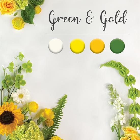 Yellow and green floral arrangement with sunflowers and roses around the edges