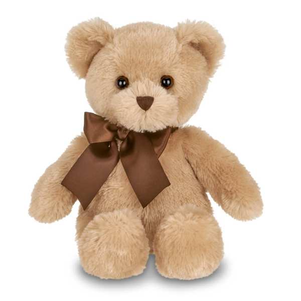 Plush teddy bear with a brown ribbon bow