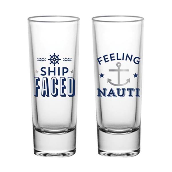 Two clear shot glasses with nautical text and anchor graphics