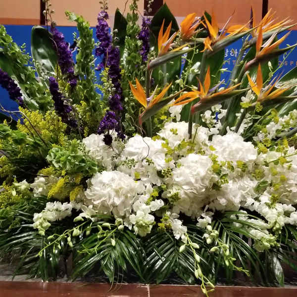 Large stage arrangement with white hydrangeas, orange tropical blooms, and tall green and purple accents