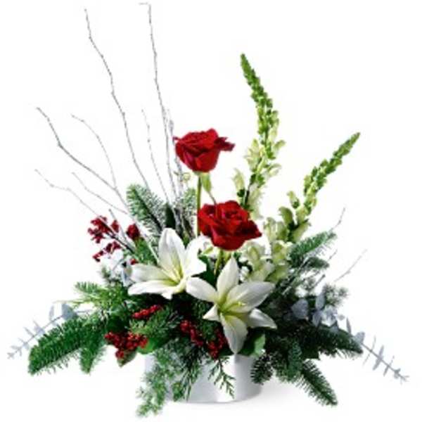 Low holiday arrangement with red roses, white lilies, and evergreens in a white container