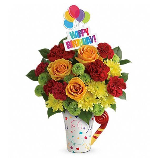 Birthday bouquet in a decorated mug with balloons and a sign