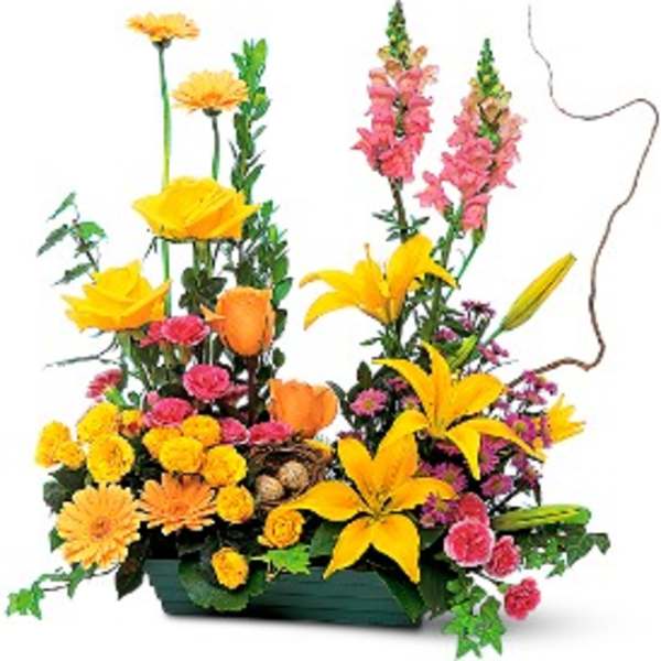 Rectangular arrangement of yellow lilies, orange roses, and pink flowers in a green container with a decorative nest.