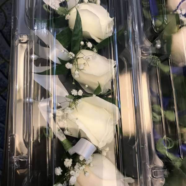 White rose boutonniere set in a clear plastic box