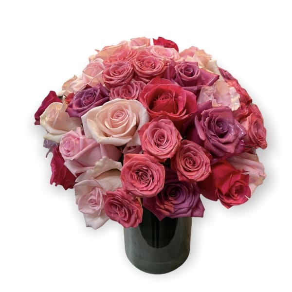 Bouquet of pink and red roses in a dark vase