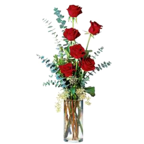 Tall vase arrangement of red roses with eucalyptus