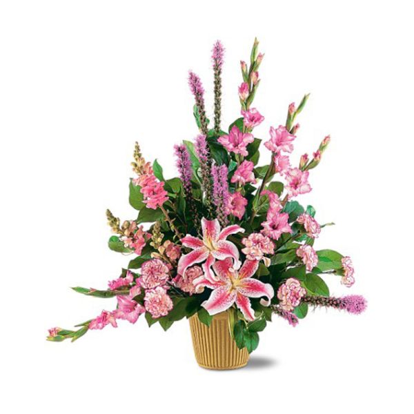 Tall pink and white lily and carnation arrangement with accent flowers in a gold ribbed pot