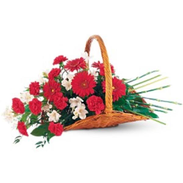 Low wicker basket of red gerbera daisies, red carnations, and white flowers with long grass accents