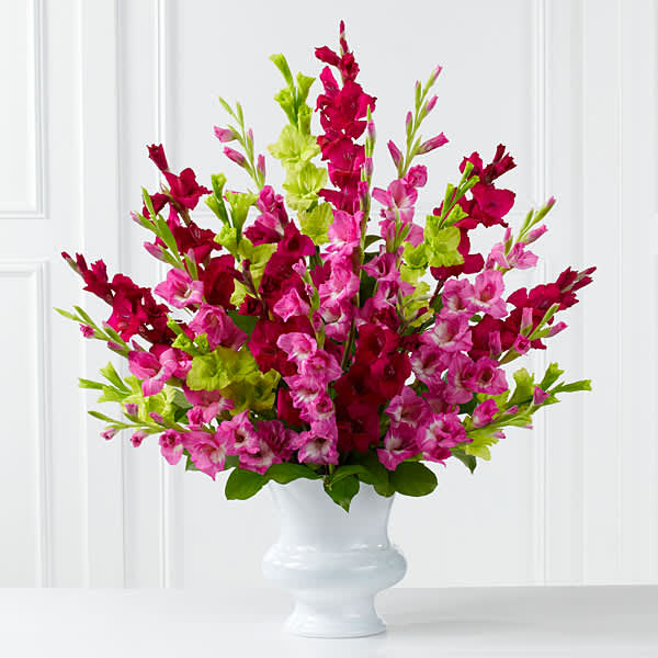 Pink and red gladiolus arrangement in a white vase