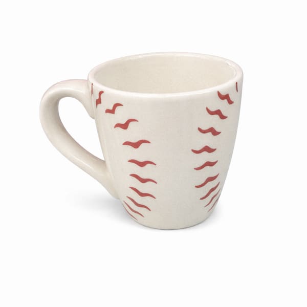 Cream ceramic mug with red wavy stripe pattern