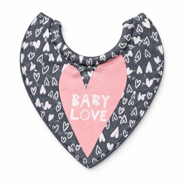 Heart-pattern baby bib with pink "BABY LOVE" graphic
