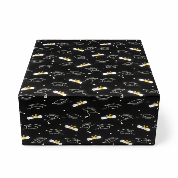 Black gift box with graduation cap and diploma pattern